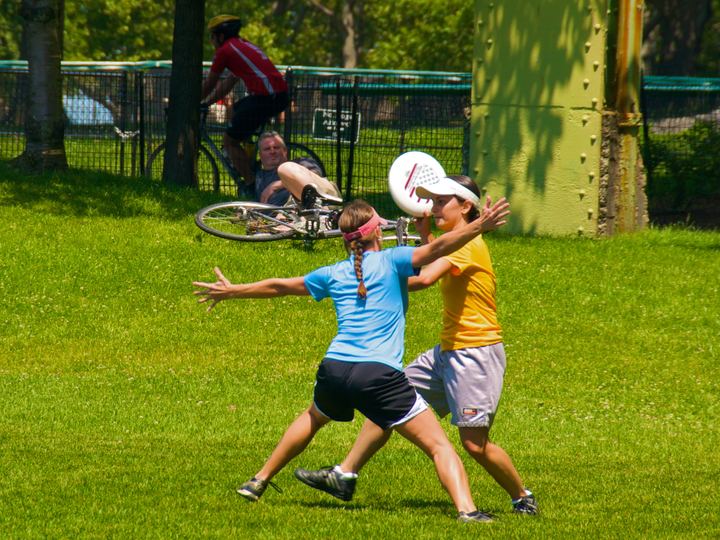 Players catching a flying disc during an Ultimate game in a park