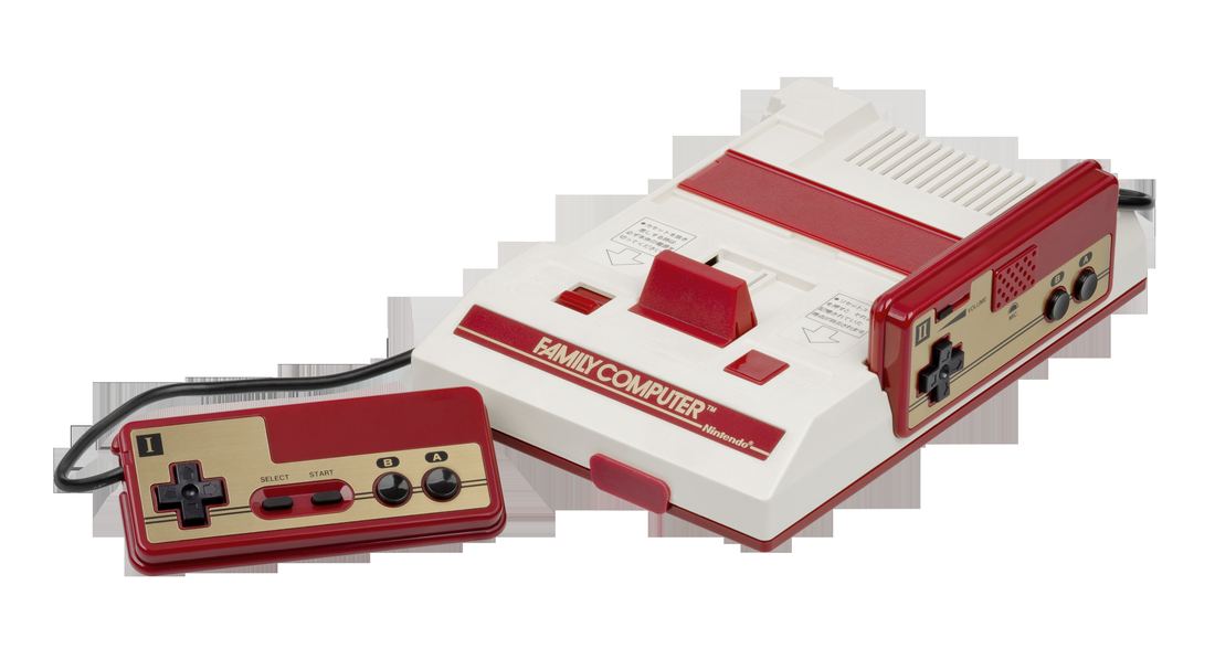 A white and red Japanese Famicom console with its two wired red controllers