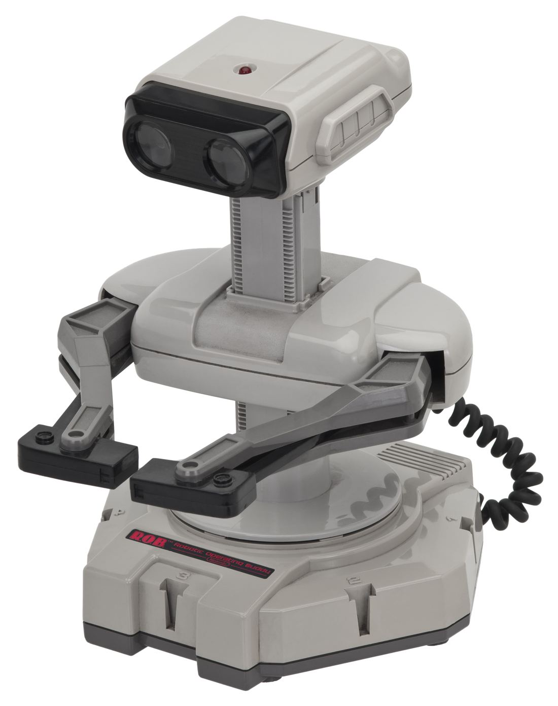 The gray R.O.B. toy robot accessory with two round eyes, a tall neck and gripping arms on a rotating base
