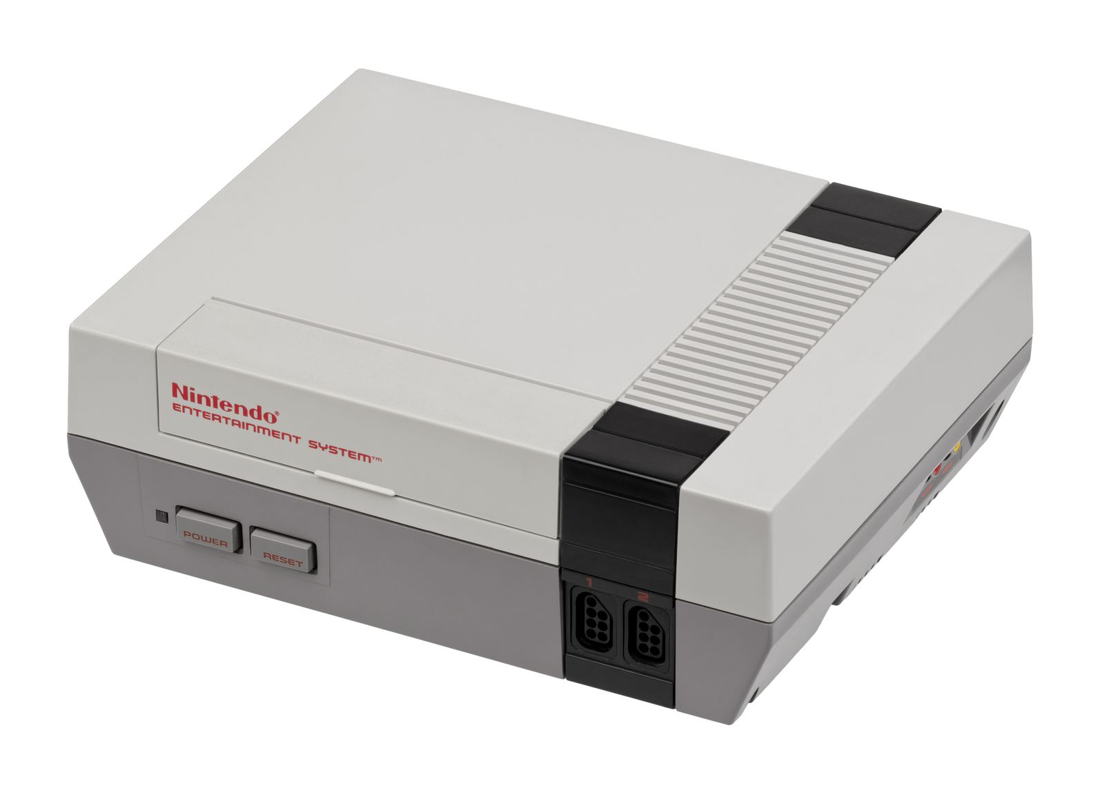 A gray and black Nintendo Entertainment System console with its front-loading cartridge door closed, on a white background
