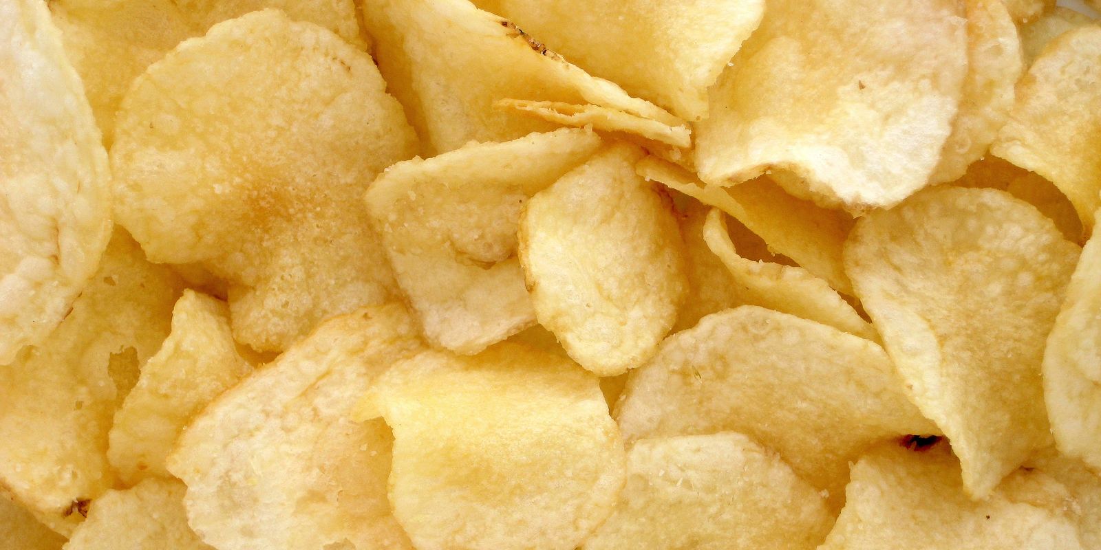A pile of golden potato chips